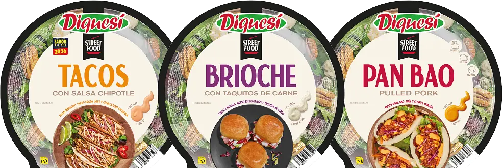 Gama completa de productos Street Food de DiqueSí: Tacos, Brioche y Pan Bao.